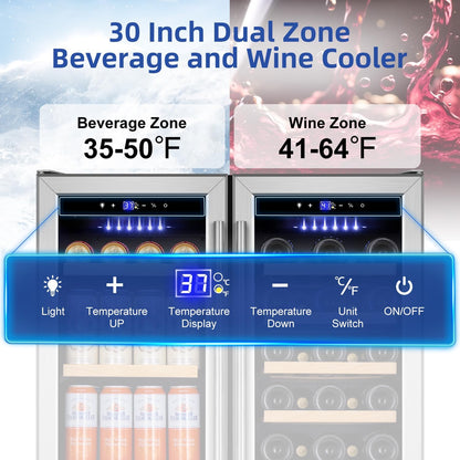Tylza 30 Inch Wine and Beverage Refrigerator, Dual Zone Wine Beverage Cooler 30" with French Door