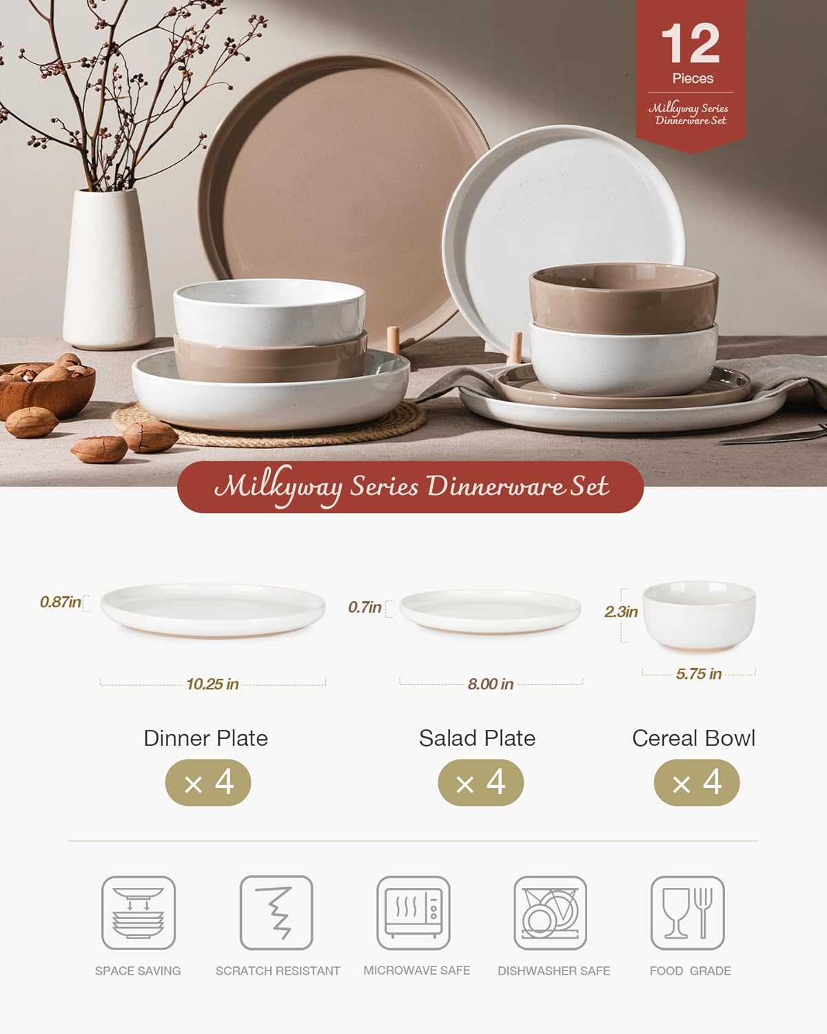 Famiware Milkyway Plates and Bowls Sets, 12 Pieces Stoneware Dinnerware Sets, Dishes Set for 4