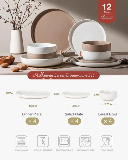 Famiware Milkyway Plates and Bowls Sets, 12 Pieces Stoneware Dinnerware Sets, Dishes Set for 4
