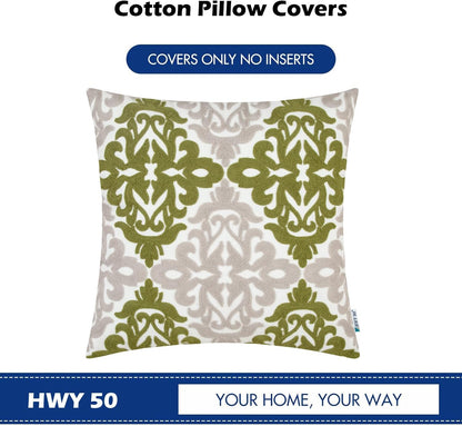 HWY 50 Green Decorative Throw Pillow Covers 18x18 Inch (1 Piece), Embroidered Cotton Farmhouse