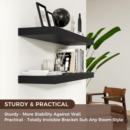 Floating Shelves - 2 Large Wall Mounted Shelves with Invisible Brackets, Long Wood Floating Wall