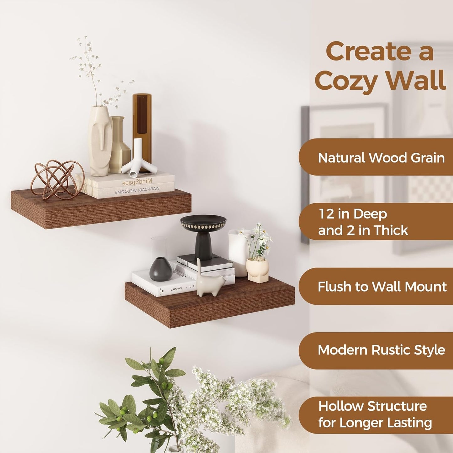 12 Inch Deep Floating Shelves, 16 x 12 Floating Shelf for Books, Rustic Wood Deep Wall Shelves for