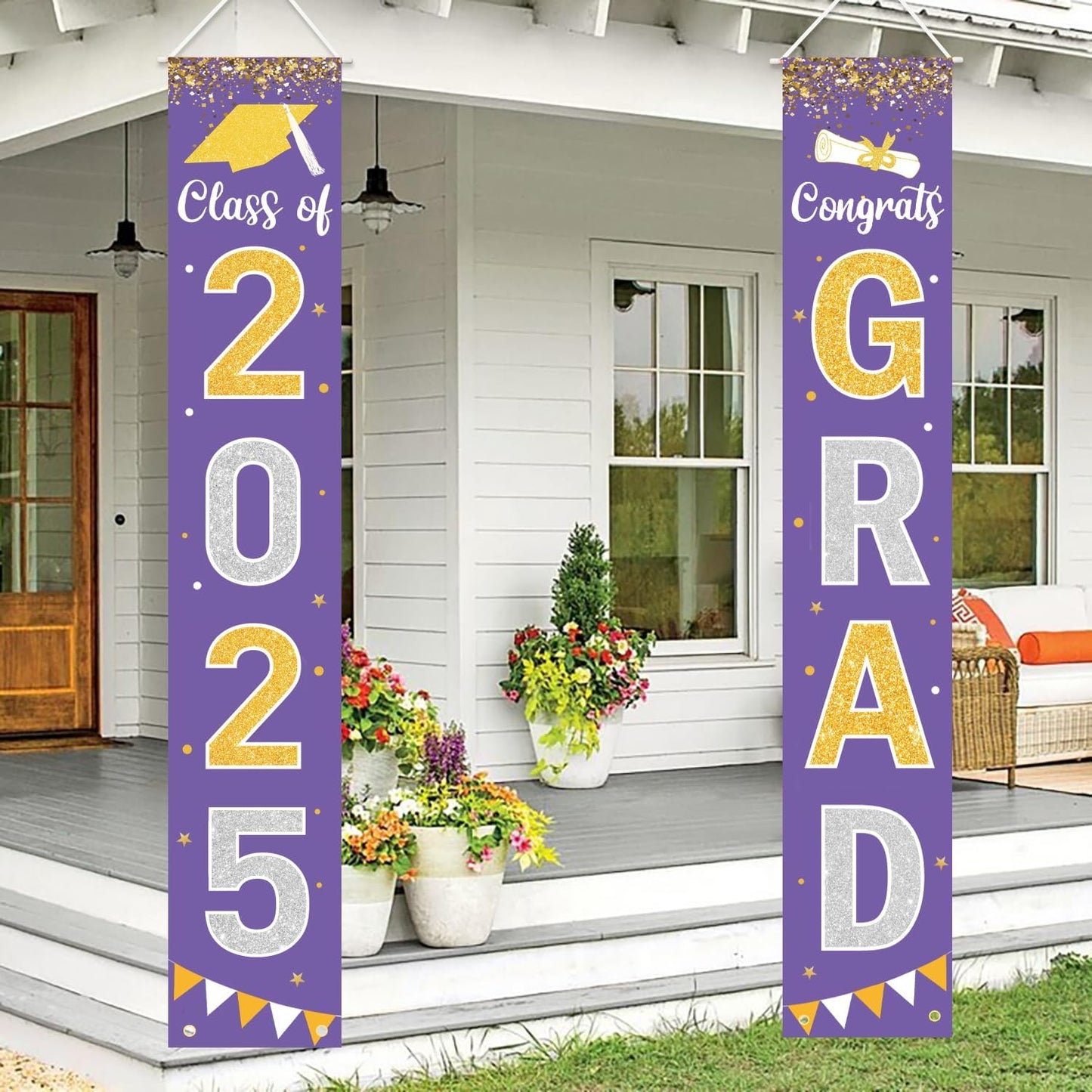 Graduation Decorations 2025 GRAD Banner Purple Porch Door Sign Welcome Banner For Indoor Outdoor