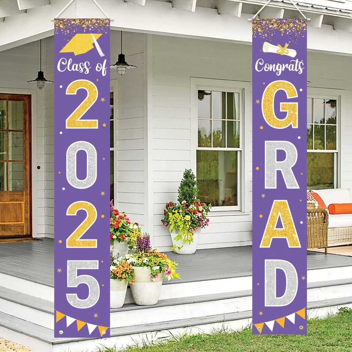 Graduation Decorations 2025 GRAD Banner Purple Porch Door Sign Welcome Banner For Indoor Outdoor