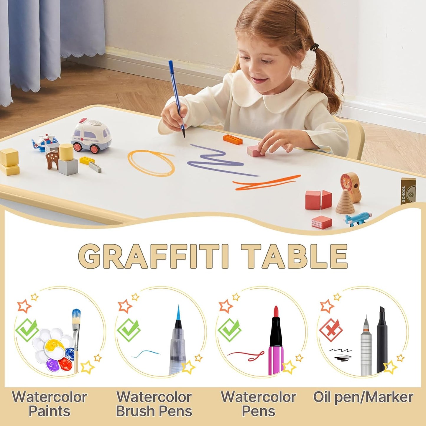 Kids Study Table and Chairs Set, Height Adjustable Toddler Table and Chair Set for Kids Ages 3-8