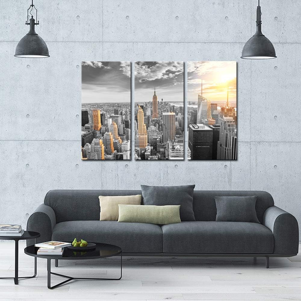 LevvArts Large 3 Piece New York City Canvas Wall Art Modern Black and White NYC at Gold Sunset