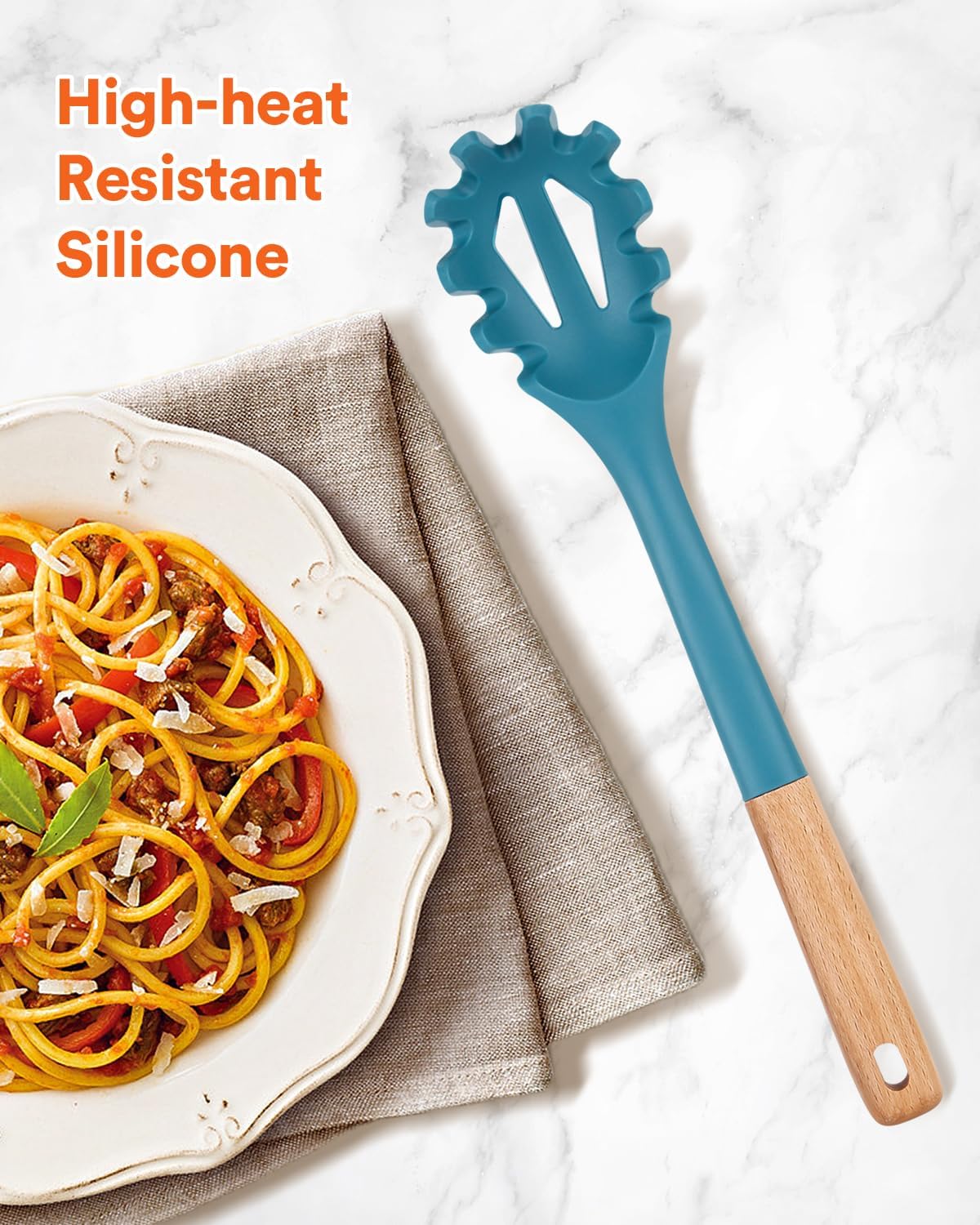 Silicone Pasta Fork, Kitchen Heat Resistant Noodle Spoon Server, BPA Free Spaghetti Strainer,12.8