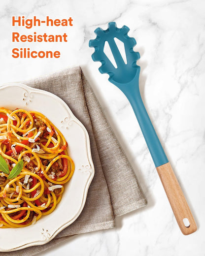 Silicone Pasta Fork, Kitchen Heat Resistant Noodle Spoon Server, BPA Free Spaghetti Strainer,12.8