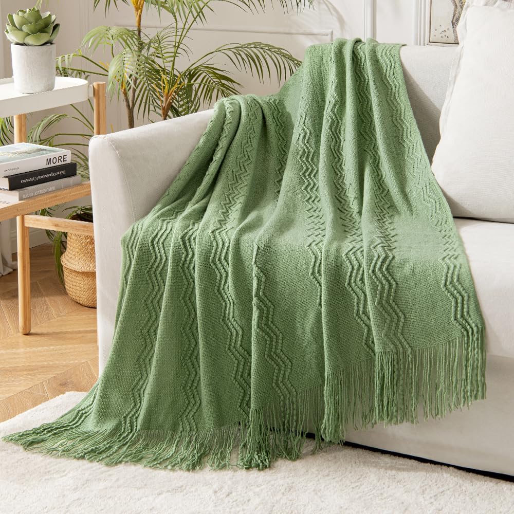 MIULEE Sage Green Knitted Throw Blanket for Couch Textured Spring Knit Blanket with Tassels Cozy