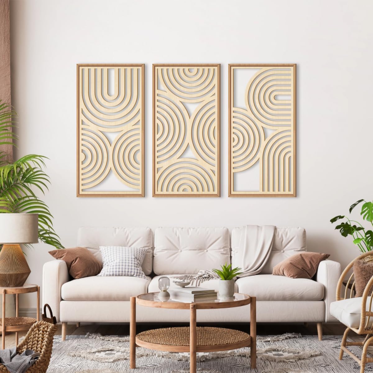 IARTTOP Large Boho Wood Wall Art Set of 3 Framed Wooden Mid-century Modern Wall Decor Minimalist