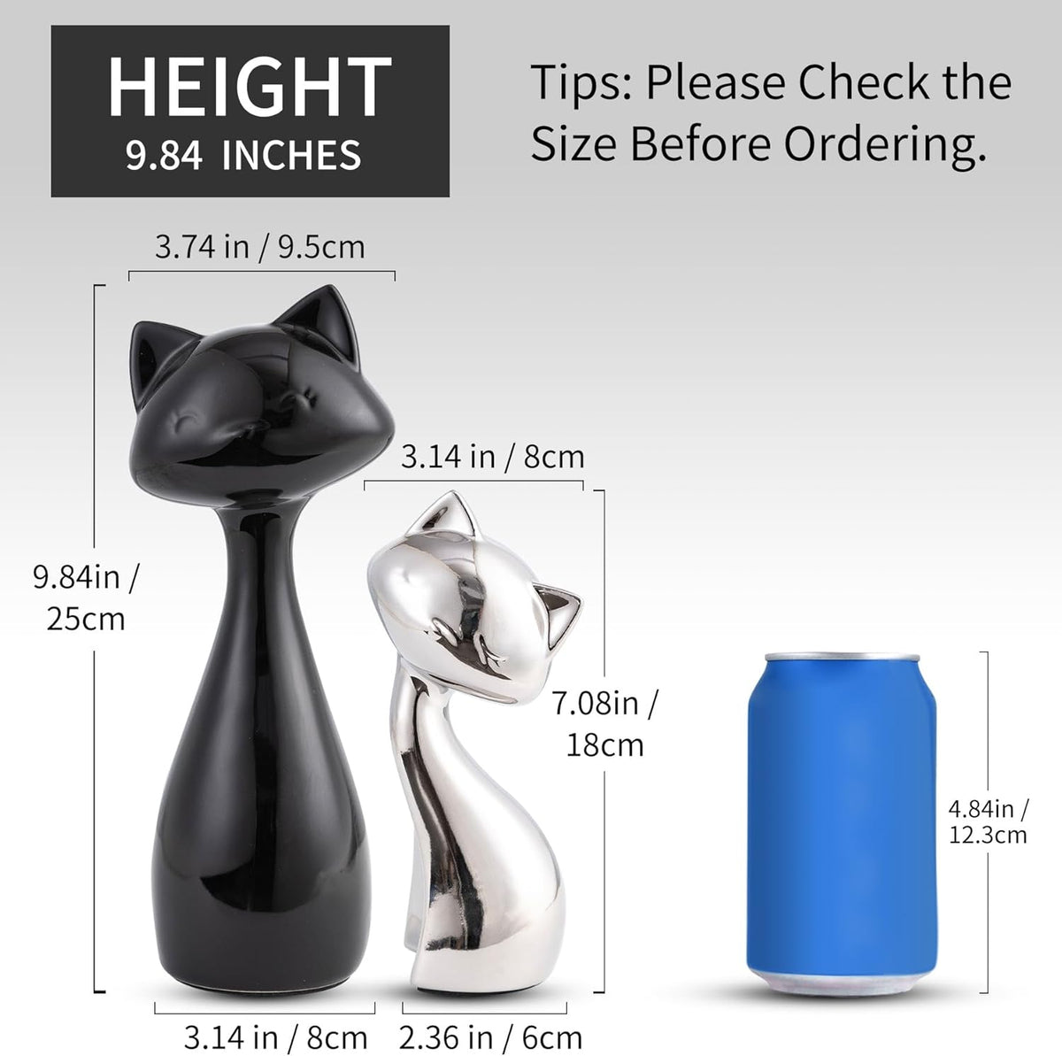 Ceramic Cat Statue Set, Black & Silver Cute Home Decor Figurines, Lucky Cats Desk Accessories for