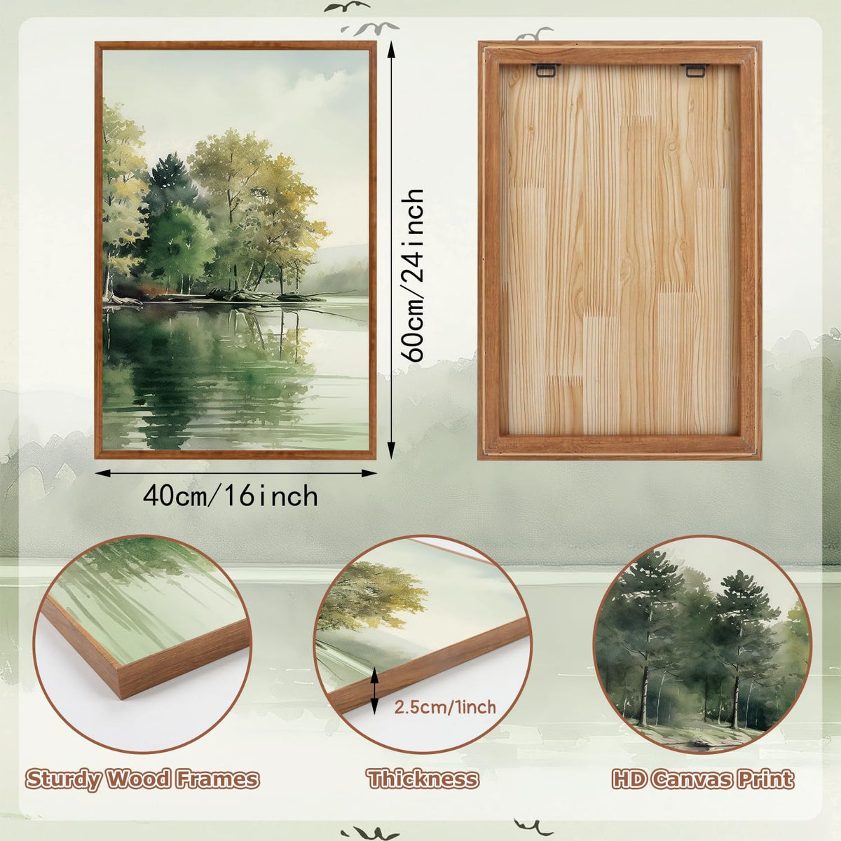 KAIRNE Framed Nature Canvas Wall Art Set,Misty Forest Wall Decor,Green Mountain Forest