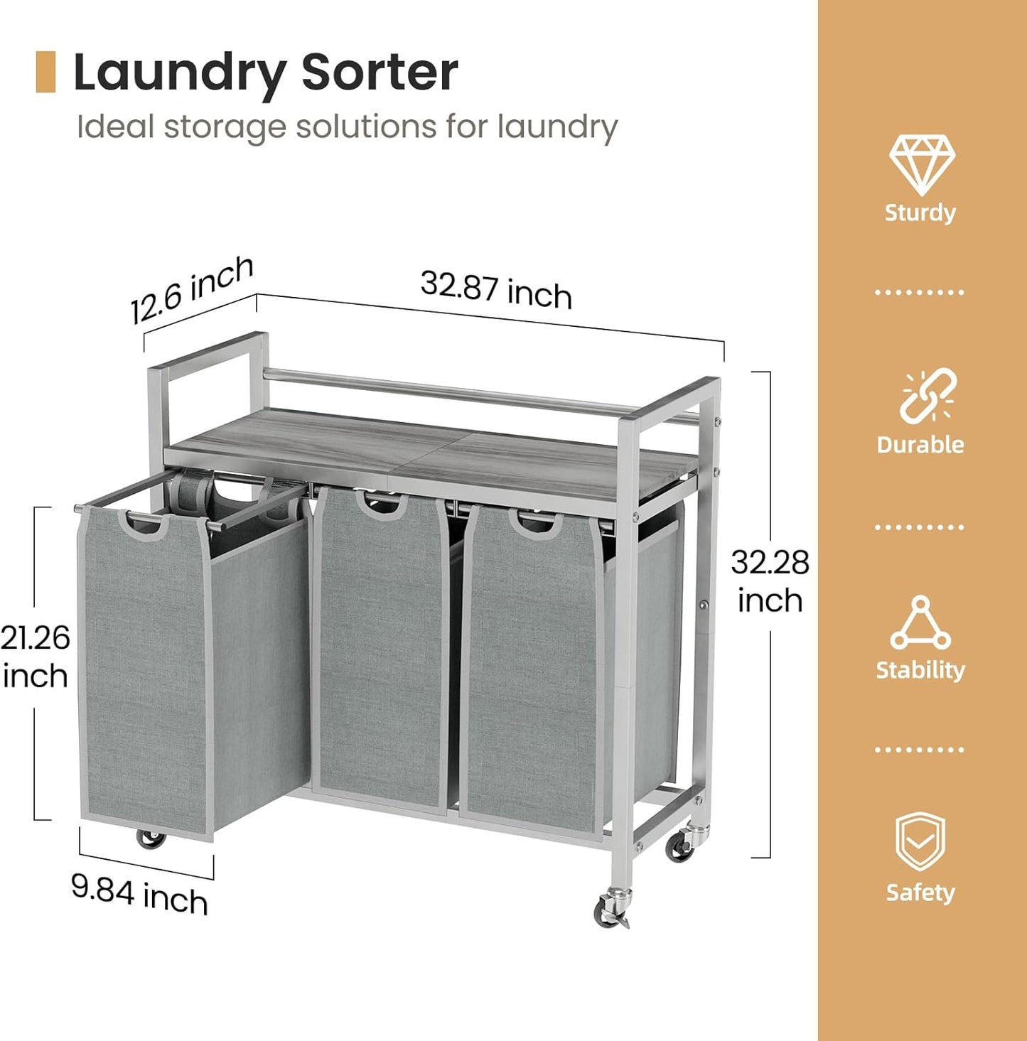 Laundry Hamper, Laundry Basket, Laundry Sorter with 3 Removable Bags, Clothes Basket with 3