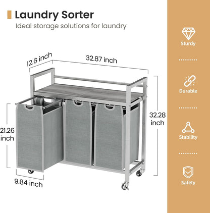 Laundry Hamper, Laundry Basket, Laundry Sorter with 3 Removable Bags, Clothes Basket with 3