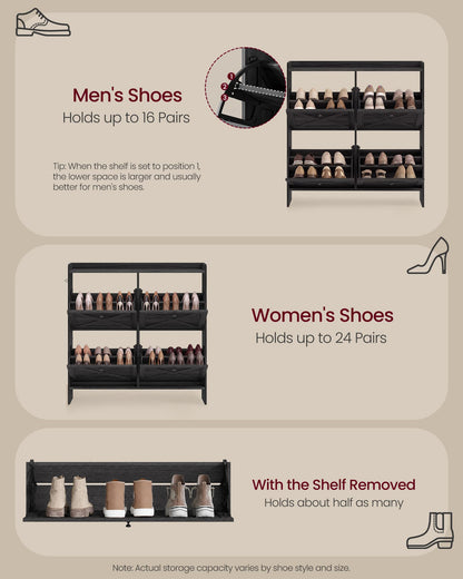 VASAGLE Shoe Storage Cabinet Organizer with 4 Flip Drawers, Freestanding Narrow Shoe Rack Cabinet