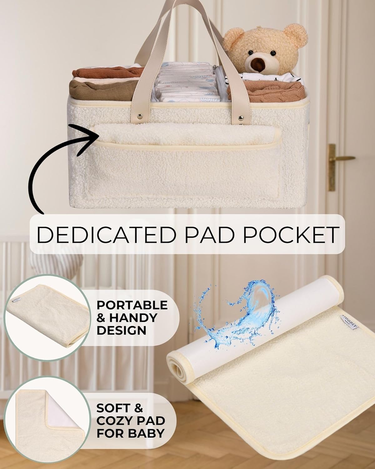 Baby Diaper Caddy Organizer with Portable Changing Mat - Teddy Fleece Diaper Organizer for Changing