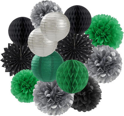 Black-Green Silver Party-Decorations Streamers Lanterns - 14pcs Graduation 2025 Paper Lanterns