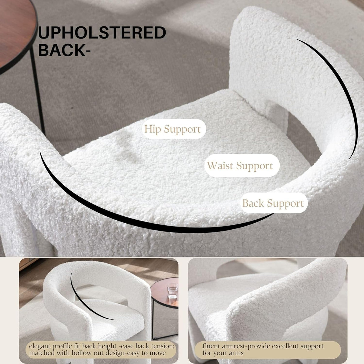 White Boucle Dining Chairs Set of 2, Modern Barrel Dining Room Chairs Upholstered Faux Fur Accent