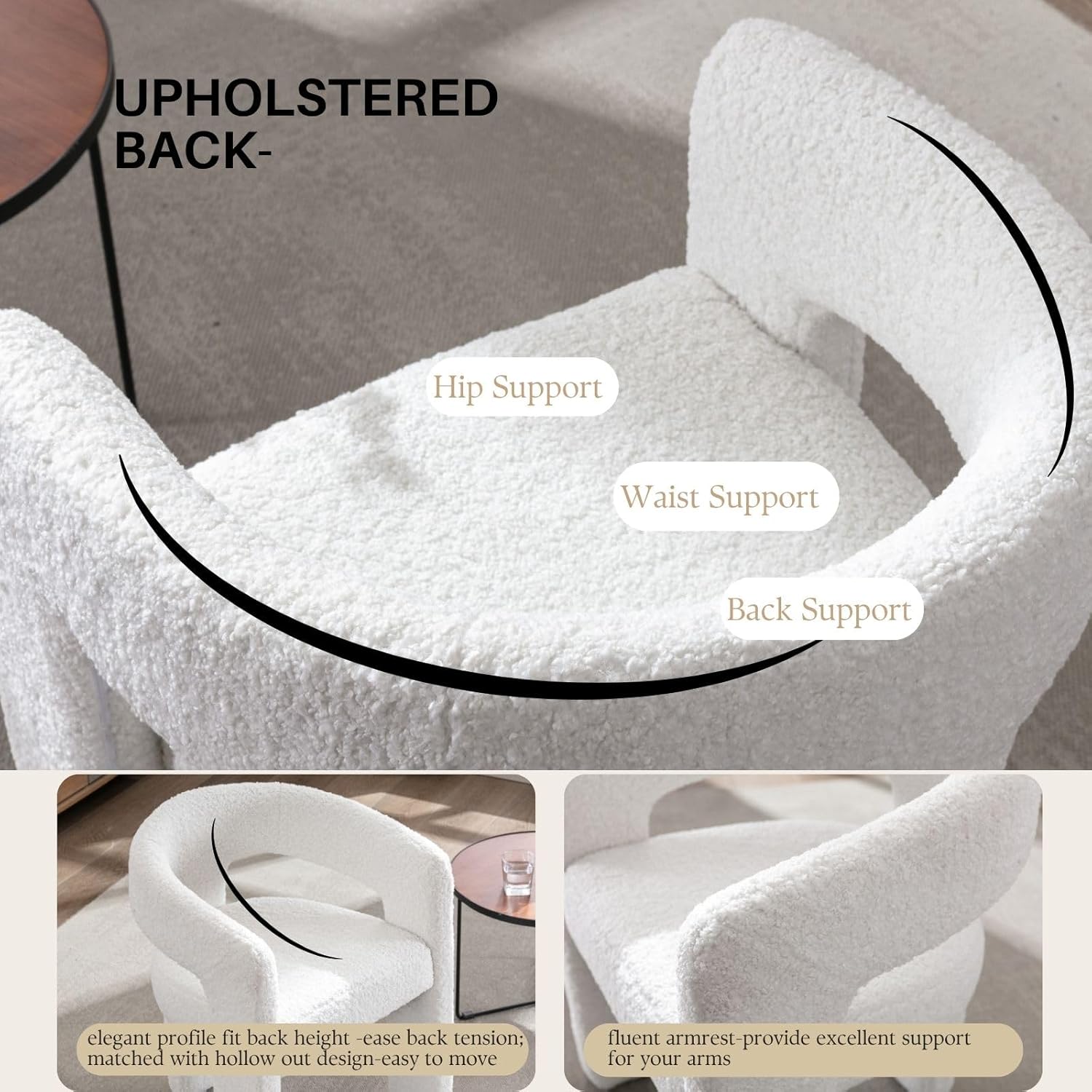 White Boucle Dining Chairs Set of 4, Modern Barrel Dining Room Chairs Upholstered Faux Fur Accent