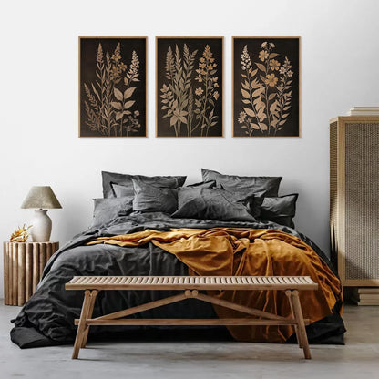 HLNIUC Vintage Botanical Fern Framed Canvas Wall Art Set,Black and Tan Plant Leaf Wall