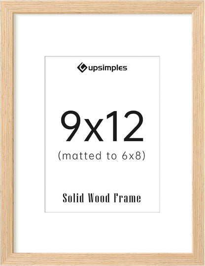 upsimples 9x12 Frame, Natural Solid Wooden Picture Frames, Display 6x8 with Mat or 9 x 12 Without