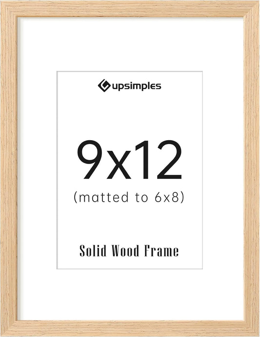 upsimples 9x12 Frame, Natural Solid Wooden Picture Frames, Display 6x8 with Mat or 9 x 12 Without