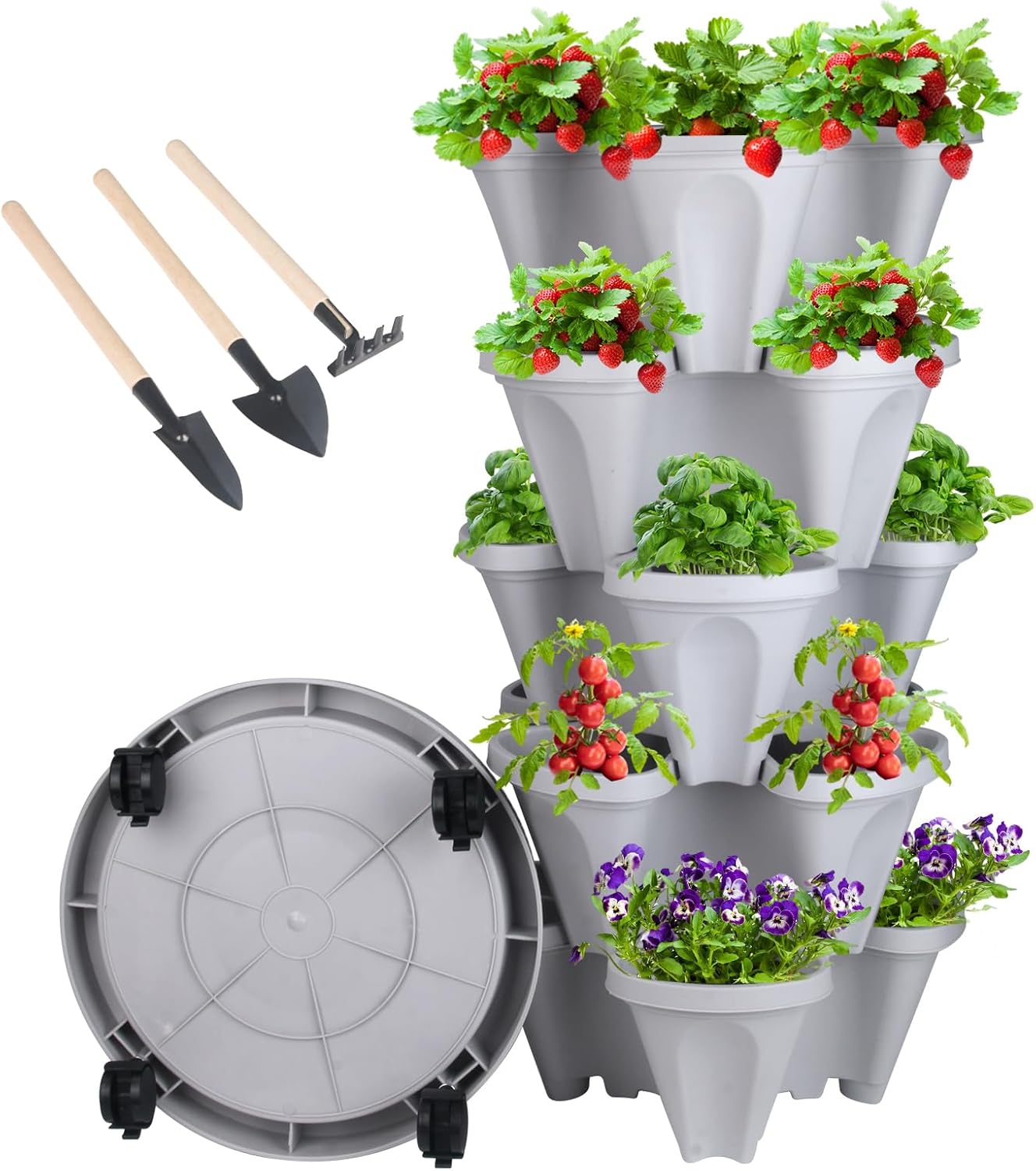 DUNCHATY Stackable Planter, Vertical Garden Planter with Wheels and Garden Tools, Strawberry