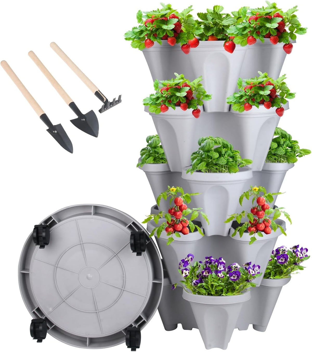 DUNCHATY Stackable Planter, Vertical Garden Planter with Wheels and Garden Tools, Strawberry
