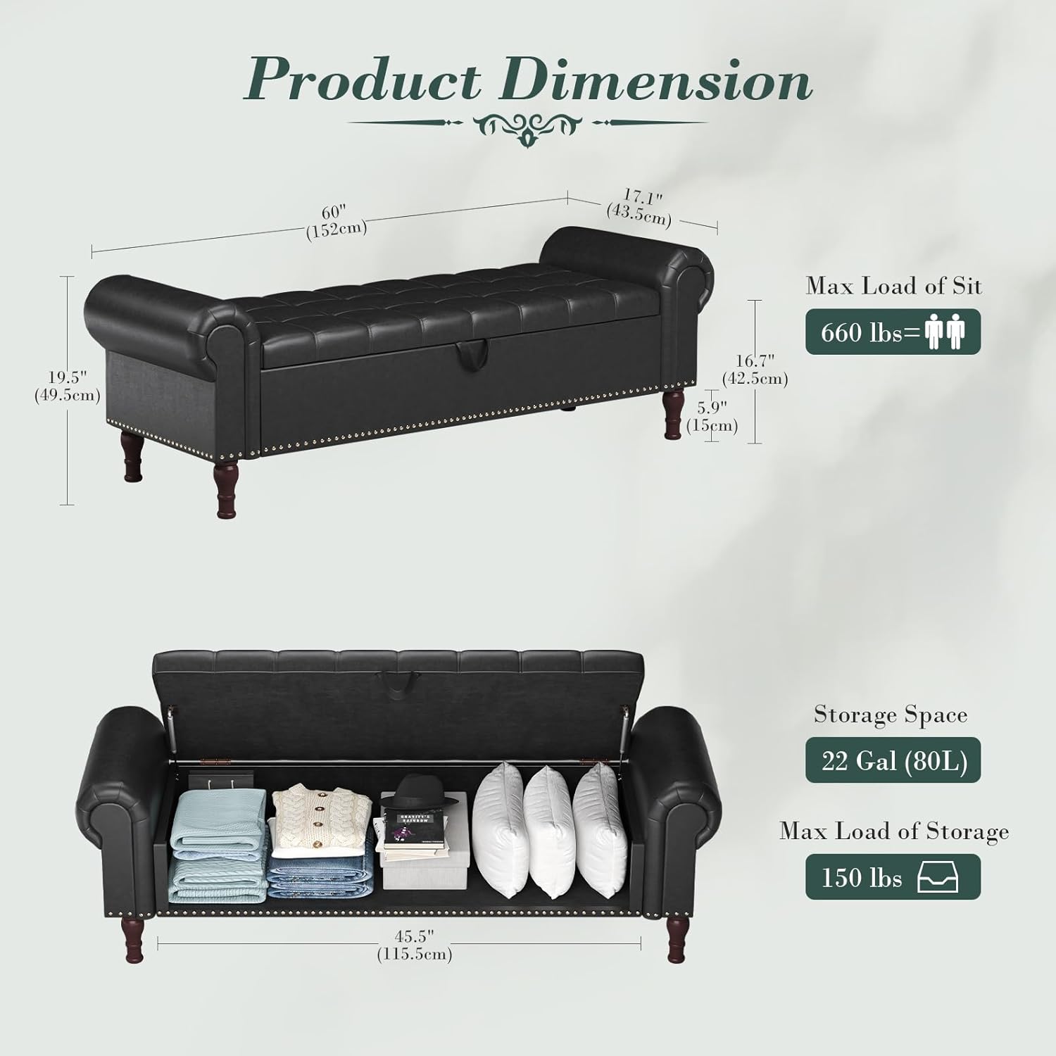 Apicizon 60”Storage Benches, Queen Size Faux Leather Bed Bench with Tufted Button, Upholstered