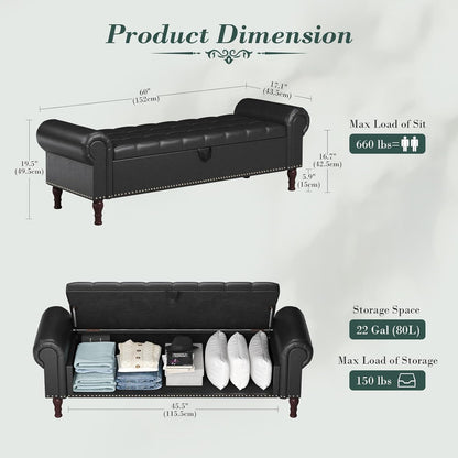 Apicizon 60”Storage Benches, Queen Size Faux Leather Bed Bench with Tufted Button, Upholstered