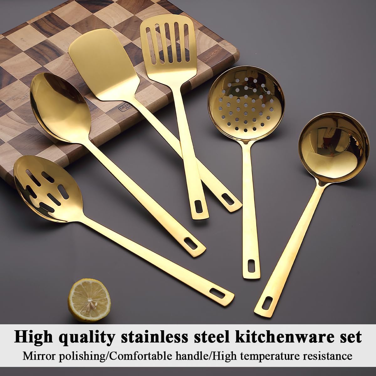 Evanda Gold Kitchen Utensils Set 6pcs, Titanium Plating Stainless Steel Cooking Utensils Set, Heavy