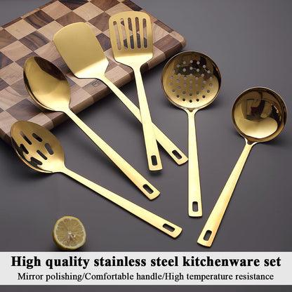 Evanda Gold Kitchen Utensils Set 6pcs, Titanium Plating Stainless Steel Cooking Utensils Set, Heavy