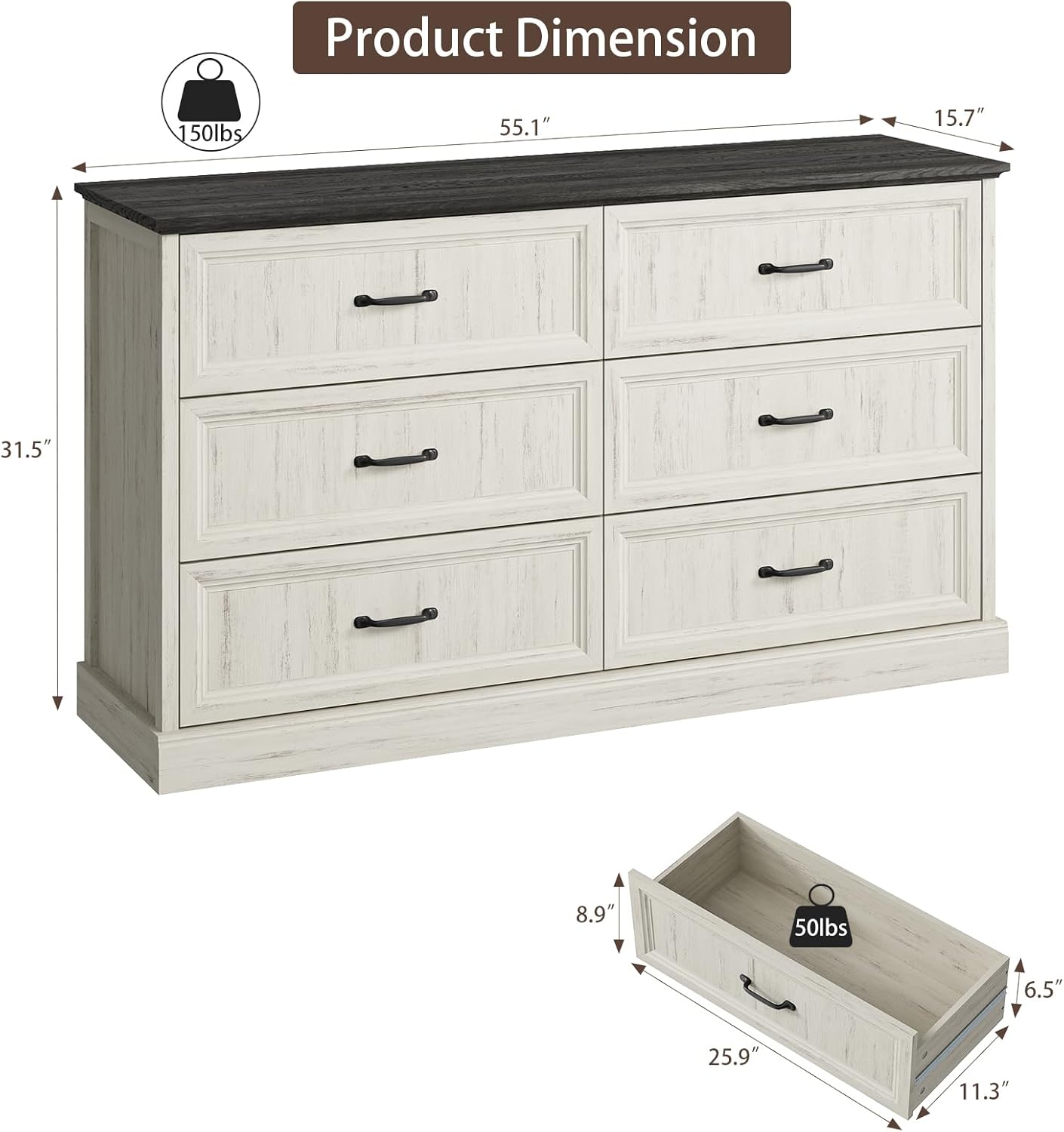 Farmhouse 6 Drawer Dresser for Bedroom, 55 Inch Wide Modern White Dresser TV Stand with Large