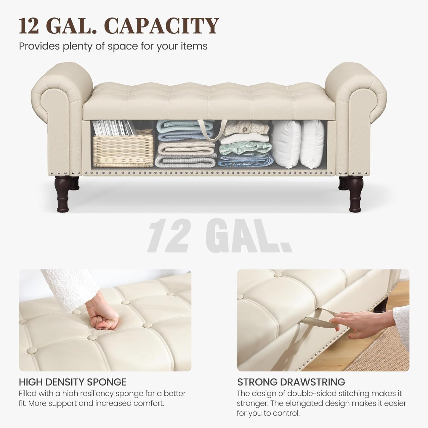 51" Storage Ottoman Bench for Bedroom, Full Queen Storage Bench with Button, Upholstered Bedroom