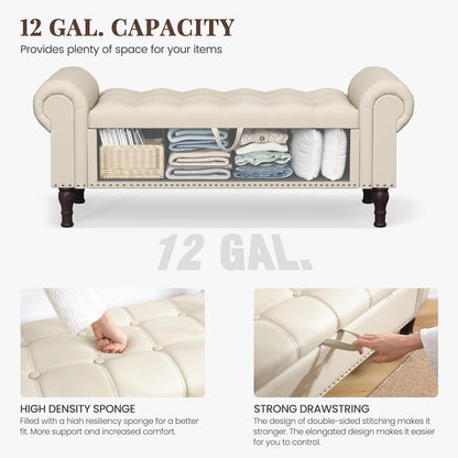 51" Storage Ottoman Bench for Bedroom, Full Queen Storage Bench with Button, Upholstered Bedroom