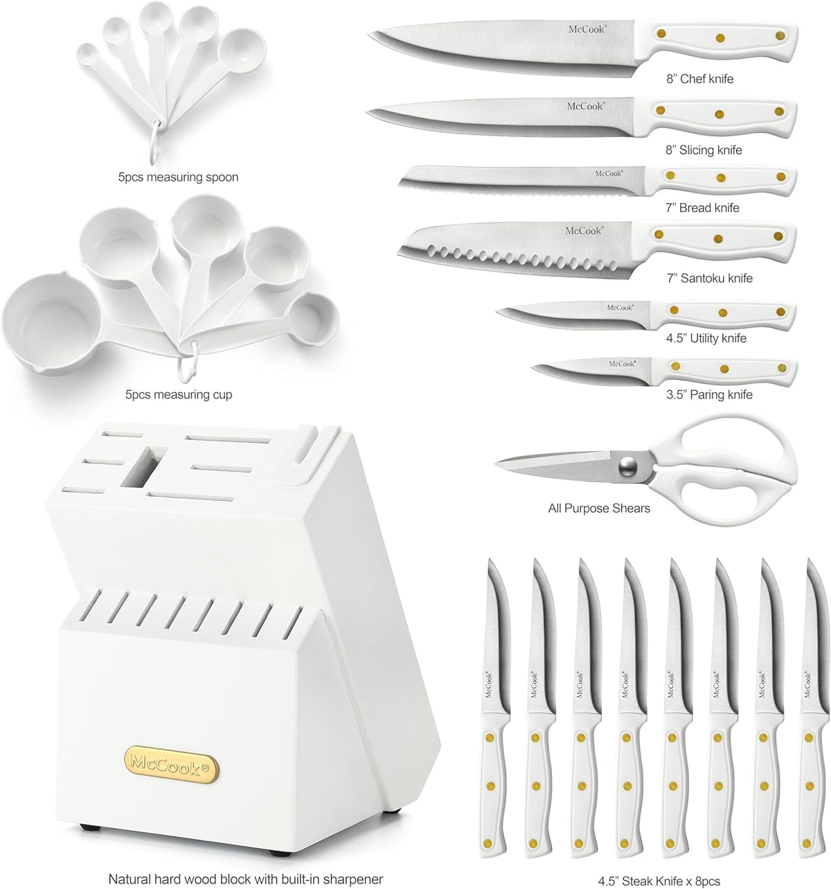 McCook® Knife Sets, White High Carbon Stainless Steel Kitchen Knife Sets with with Built-in