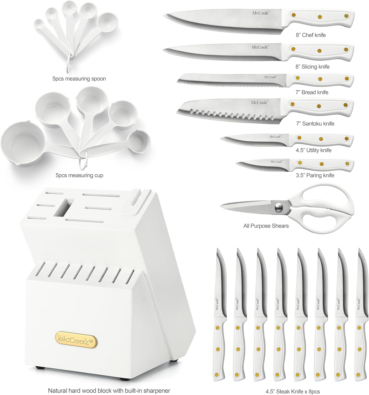 McCook® Knife Sets, White High Carbon Stainless Steel Kitchen Knife Sets with with Built-in