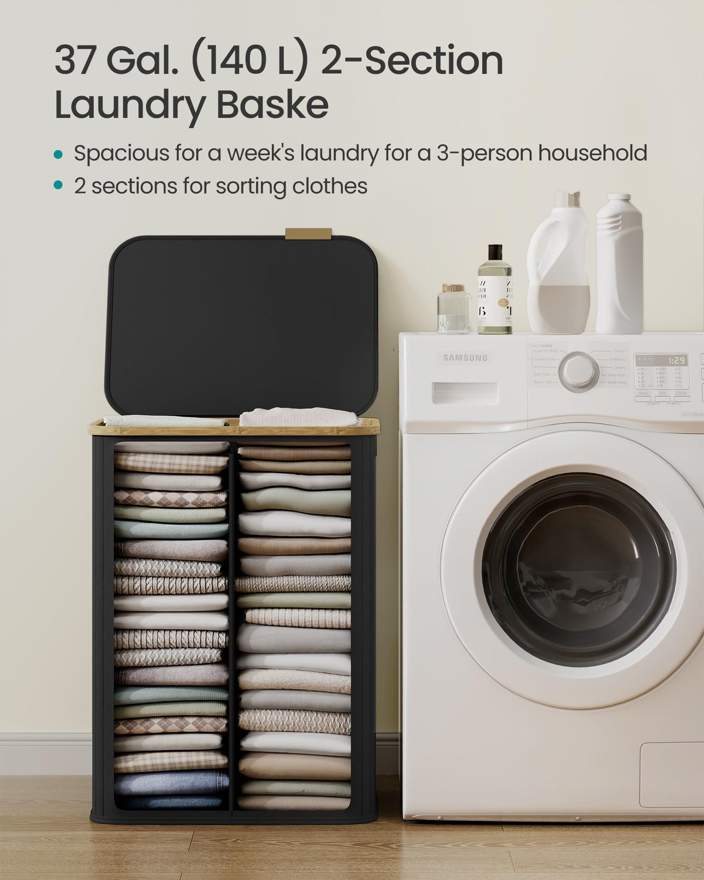 SONGMICS Laundry Hamper, Laundry Basket with Lid, Foldable Storage Basket, Bamboo Frame, for