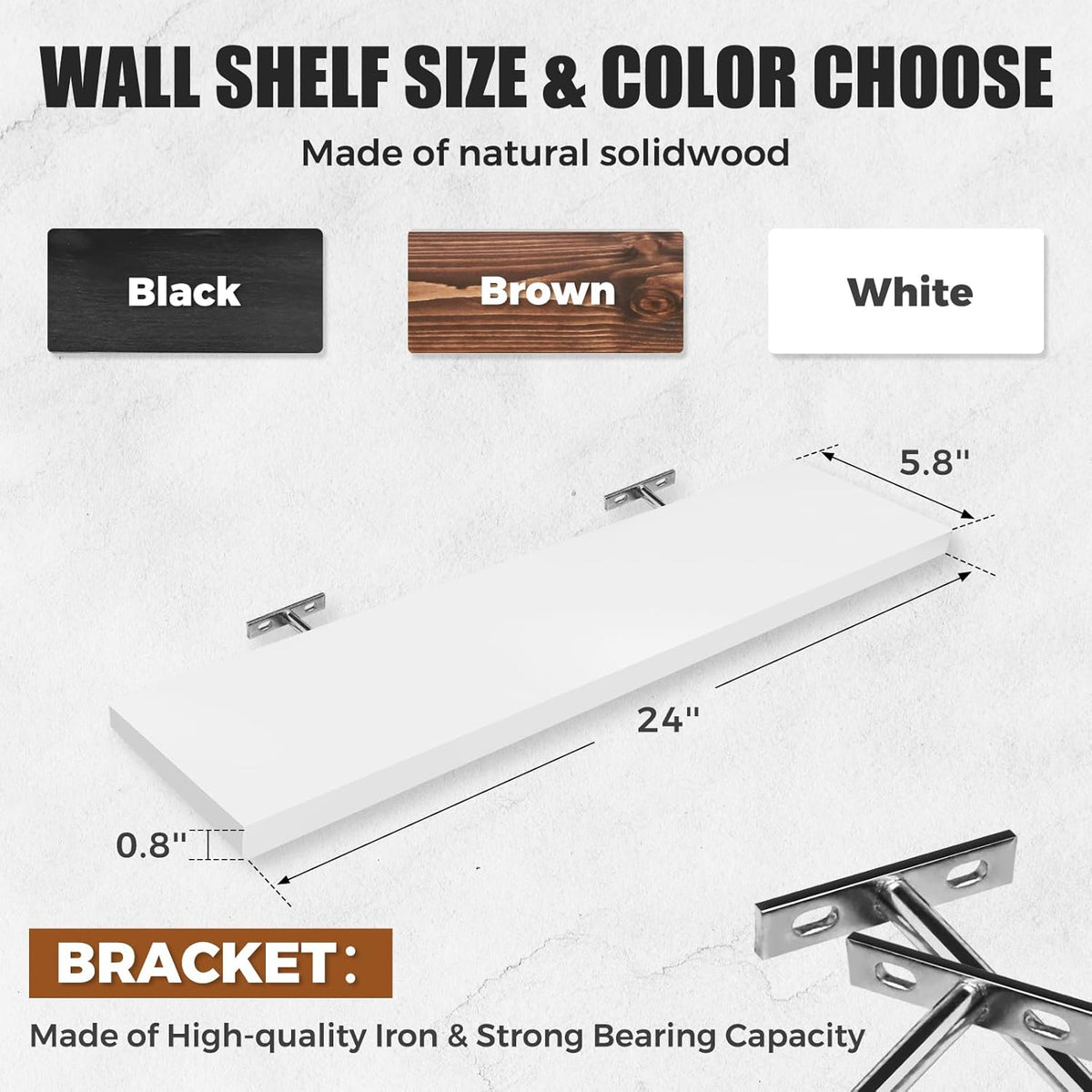 Floating Wall Shelves 2-Pack - 24-Inch Rustic White Wooden Shelves for Storage and Décor, Easy