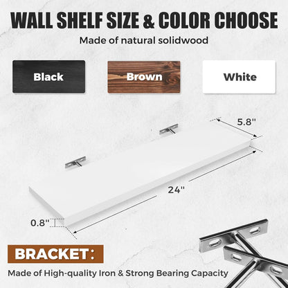 Floating Wall Shelves 2-Pack - 24-Inch Rustic White Wooden Shelves for Storage and Décor, Easy