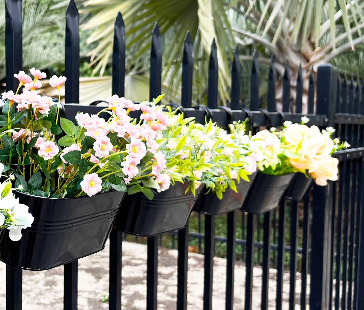 4 Pack Metal Hanging Planter for Outdoor Plants, 10 Inch Black Fence Planters Railing Pots for