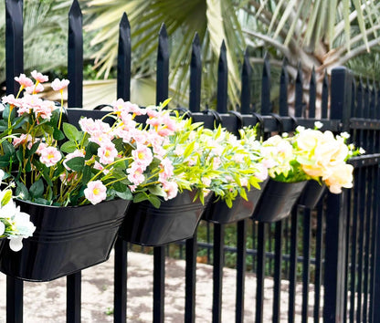4 Pack Metal Hanging Planter for Outdoor Plants, 10 Inch Black Fence Planters Railing Pots for