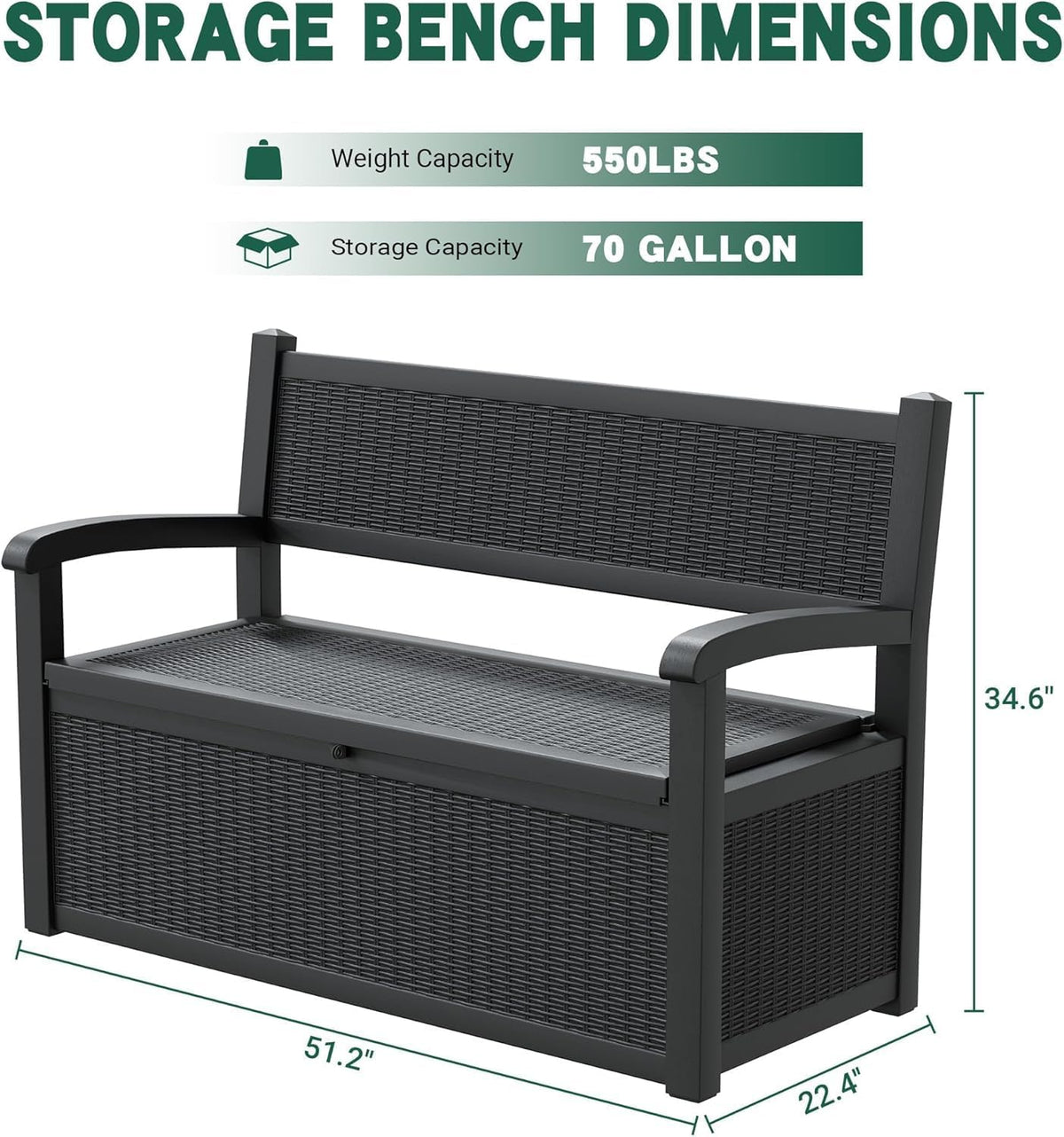 70 Gallon Lockable Outdoor Storage Bench Waterproof, Deck Box Bench for Patio, Porch, Garden