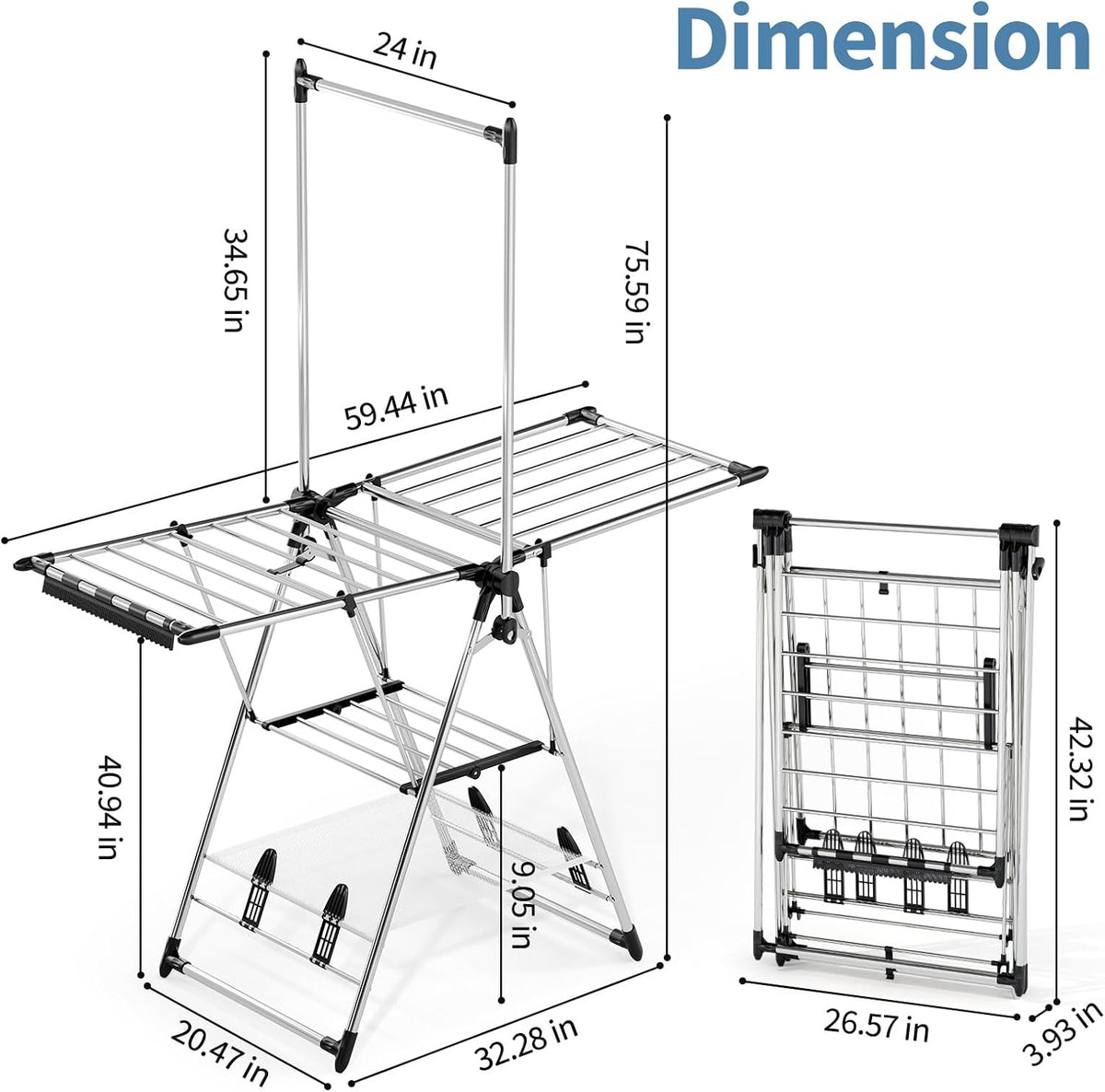 APEXCHASER Clothes Drying Rack with High Hanger, Foldable 3-Level Drying Racks with Shoe Rack
