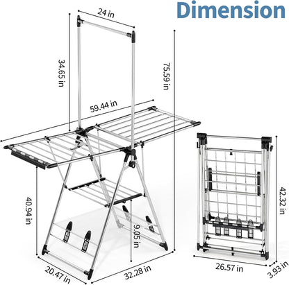 APEXCHASER Clothes Drying Rack with High Hanger, Foldable 3-Level Drying Racks with Shoe Rack