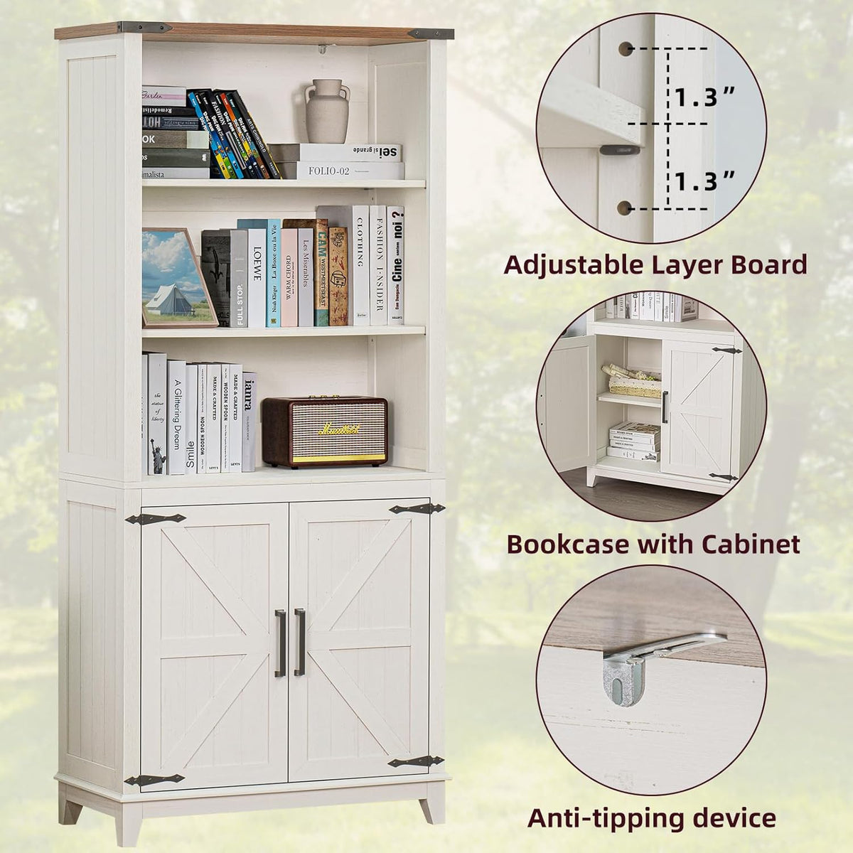 70in Tall Bookshelf 5 Tier Bookcase with Barn Doors and Storage Cabinet, White Farmhouse Book Shelf
