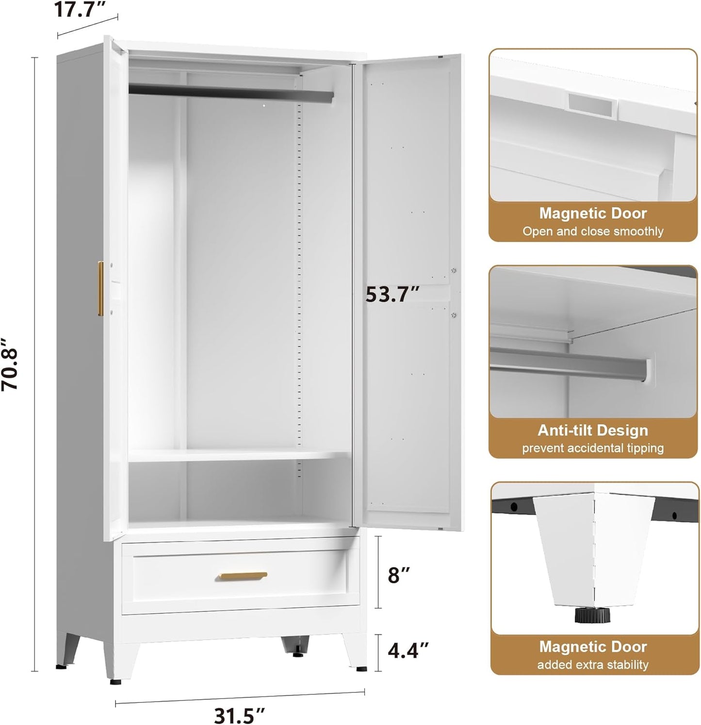 71'' Farmhouse Metal Wardrobe Cabinet with Hanging Rod, 2 Barn Door Wardrobe Closet with Adjustable