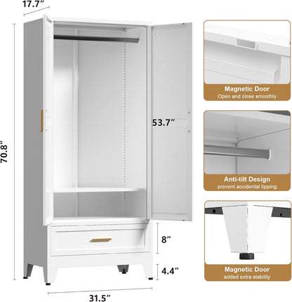 71'' Farmhouse Metal Wardrobe Cabinet with Hanging Rod, 2 Barn Door Wardrobe Closet with Adjustable