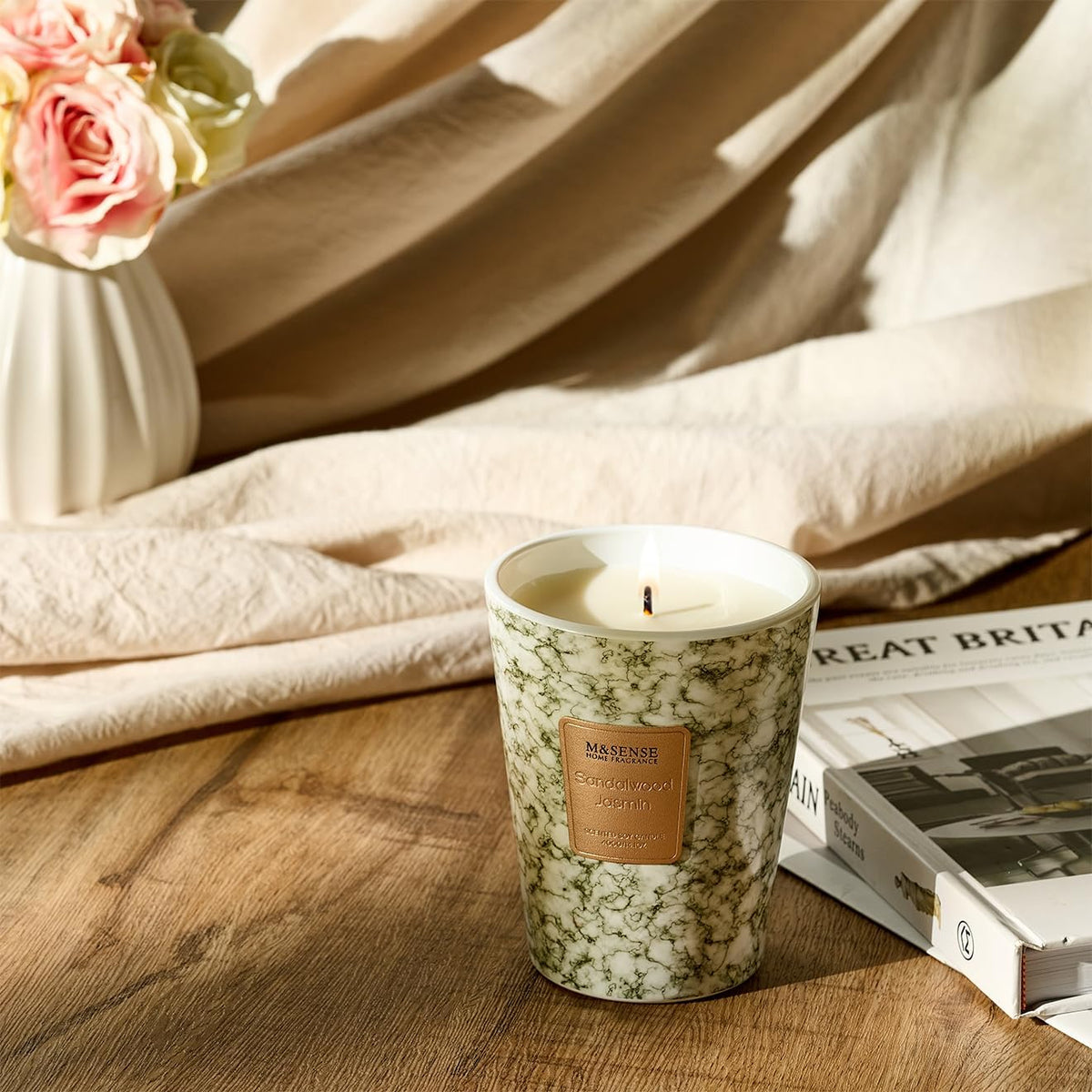 M&SENSE SandalWood Jasmine Scented Candles for Home, Lead-free Wick Highly Scented Jar Candles