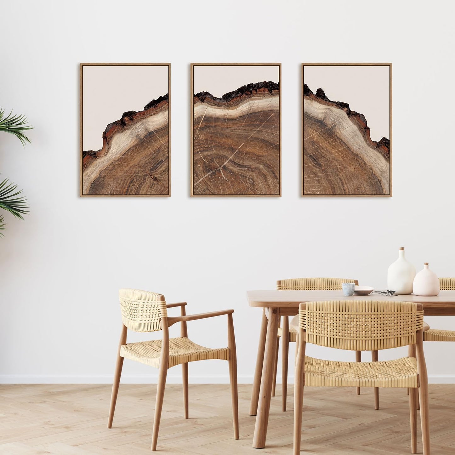 HPINUB Framed Tree Rings Wood Wall Art Set, Modern Beige Wood Stump Wall Decor, Abstract Black and